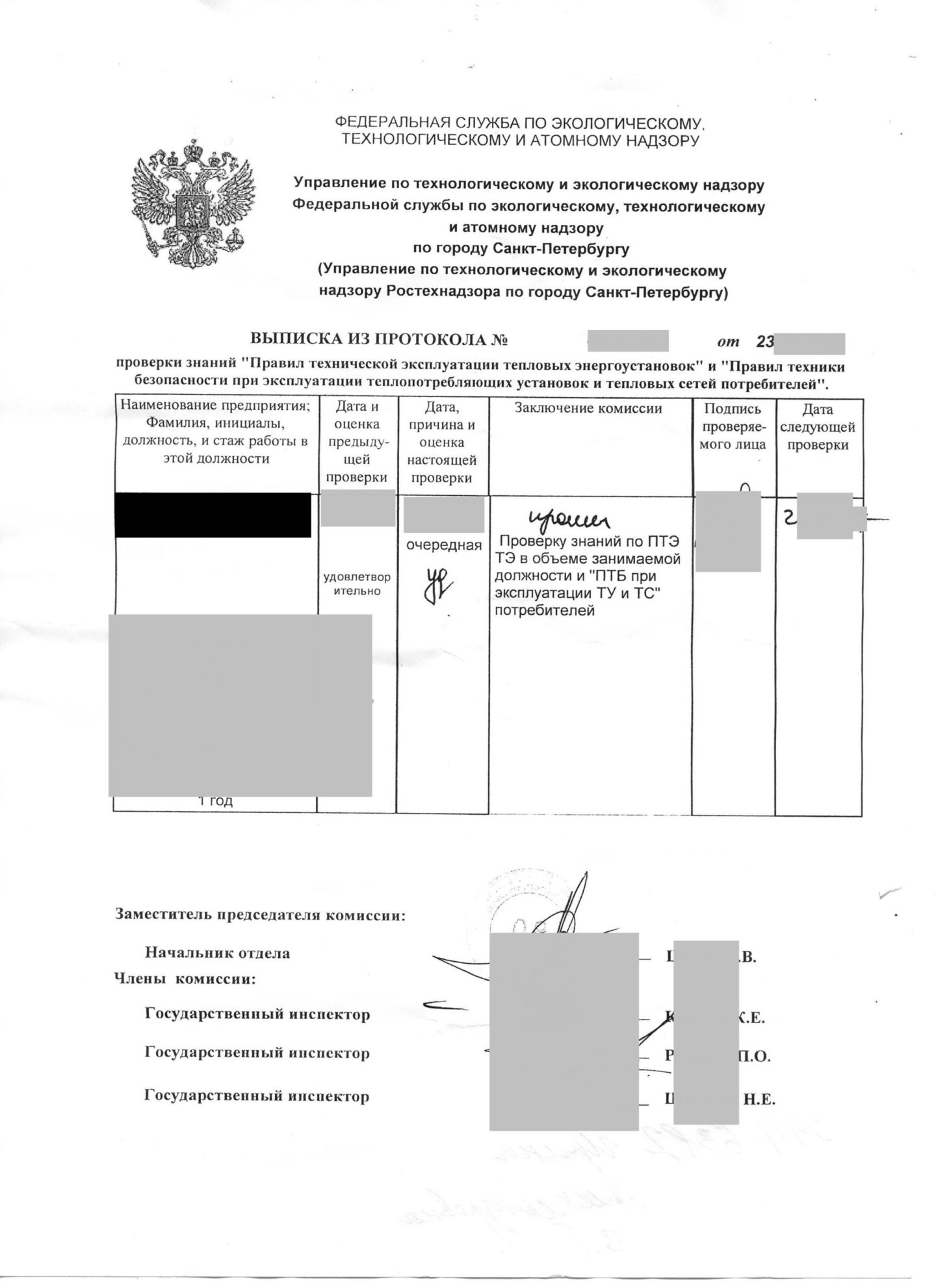 Протокол аттестации допуска к теплоэнергоустановкам в Северо-Западном управлении Ростехнадзора